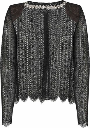 Self Portrait Womens Black Organza Lace Crystal-Embellished Top Polyester Tops
