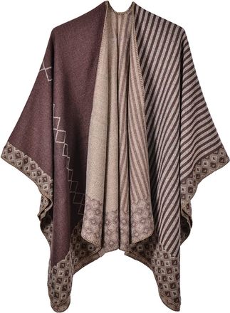 Feoya Womens Oversized Poncho Cape Warm Shawl Blanket Wrap Reversible Printed Capes Open Front Cashmere Cape Shawls Knitted Ruana Shawl Vintage Retro Color 