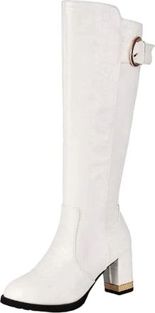Generic Womens Knee High Boots Round Toe High Chunky Heel With Side Zipper And Decorative Belt Buckles Stylish Footwear