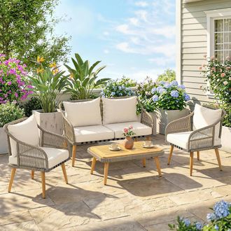 OUTSUNNY 4 Piece Rattan Garden Furniture Set w/ Thick Cushions in Cream