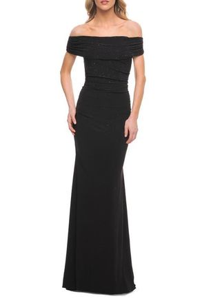 La Femme Beaded Long Jersey Off the Shoulder Gown in Black at Nordstrom, Size 10