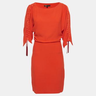 Maje Orange Crepe Adjustable Sleeve Roan Mini Dress