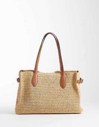 Mango Borsa da spalla rettangolare intrecciata beige regolabile-Neutro