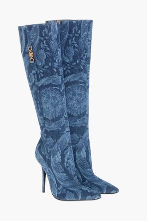 Versace Stivali Sotto al Ginocchio LA GRECA in Denim con Tacco a Spillo 11cm Versace