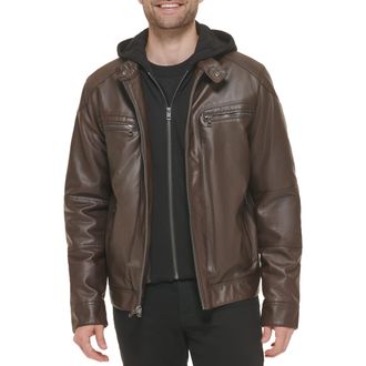 Calvin Klein Mens Motorcycle Jacket with Removable Hoodie, Moto Brown, XXL