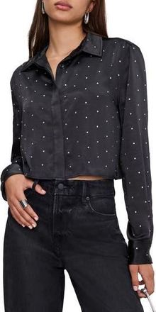 Good American Crystal Embellished Satin Button-Up Crop Shirt in Black001 at Nordstrom Rack, Size X-Large