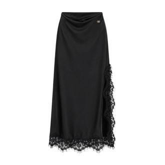 Yes-Zee Midi rok met kanten inzetstukken - Dames - Midirokken - Zwart - S - Polyester - Rokken