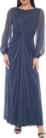Marina Rossini Knot Front Shimmer Long Sleeve Gown in Navy/Silver at Nordstrom Rack, Size Medium