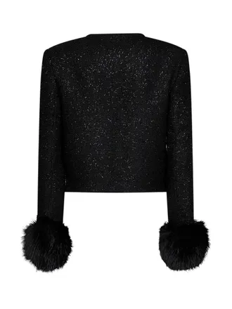 Self Portrait Womens Metallic Boucl&eacute; Jacket With Faux-Fur Cuffs Black Polyester