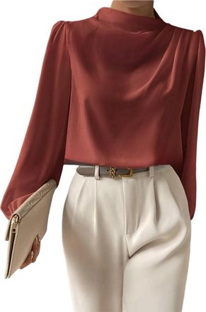 Generic Long Sleeve Satin Blouse for Women UK Elegant Cowl Neck Puff Shoulder Top with Drape Front Smooth Formal Shirt for Office Wear Evening Occasions or Sp