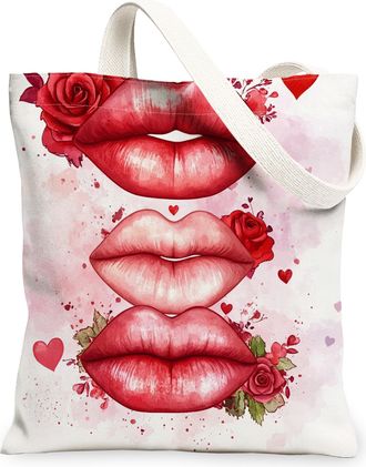 Generic Floral Lips Canvas Tote Bags, Romantic Kiss Design Reusable Grocery Bags, Vintage Lightweight Washable Shoulder Strap Canvas for Travel Beach Picnic 1