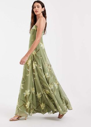 Asos vestito lungo in chiffon con spalline e ampi godet a fiori verde-Multicolore
