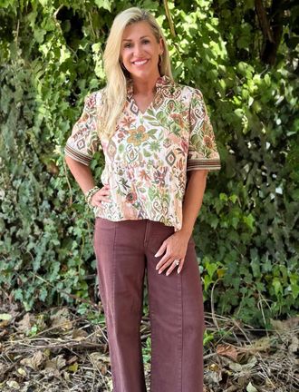 She + Sky Floral Woven Print Top In Beige