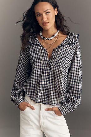 Pilcro Long-Sleeve Ruffle Collar Buttondown Shirt