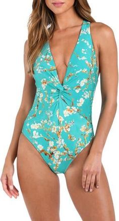 L'agence Hadley Cherry Twist One-Piece Swimsuit in Aqua at Nordstrom Rack, Size Medium