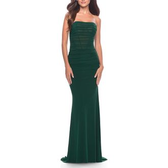 La Femme Strapless Net Jersey Dress with Illusion Bodice in Emerald at Nordstrom, Size 16