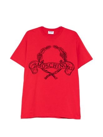 Moschino Graphic Red Silk-Nylon T-Shirt with Wreath Design