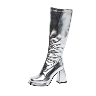 Generic Women Knee High Metallic PU Leather Round Toe Fashion Boots Platform Block Heels Side Zip Glossy Solid Color Comfortable Durable,Silver,5.5 UK