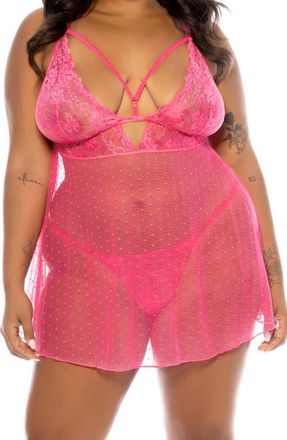 Oh là là Chéri Aphrodite Dot Mesh Chemise & G-String Set in Raspberry Sorbet at Nordstrom, Size 1X