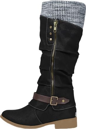 Generic Ladies Mid Calf Boots Low Heel Casual Ladies Long Booties Stylish Round Toe Side Zipper Buckle Vintage Wide Fit Riding Boots Outdoor Walking