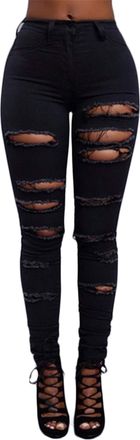 Generic JIER Womens Pencil Boyfriend Distressed Jean Jegging Ladies Zipper Ripped Denim Pants Stretch Destroyed Jean Trousers (Black,L)