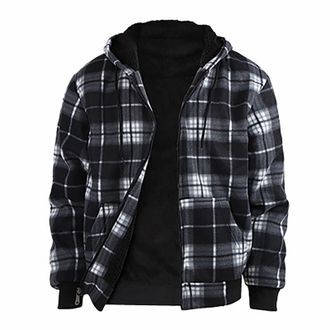 Generic Mens Plaid Hoodies Cardigans Fleece Lined Full Zip Jacket Vintage Casual Sherpa Lumberjack Hooded Soft Warm Checked Thick Cashmere Smart Coat Winter O
