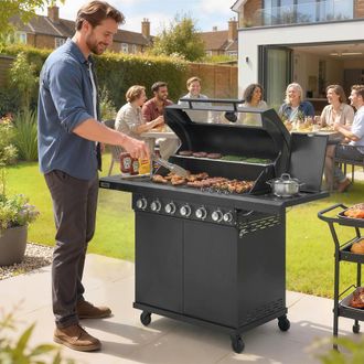 OUTSUNNY 6+1 Burner Gas BBQ Grill, Barbecue Grill with Warming Rack, Black