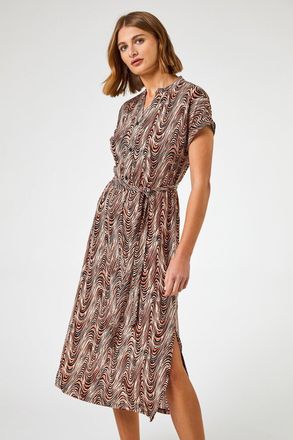 Roman Wave Print Belted Shirt Dress