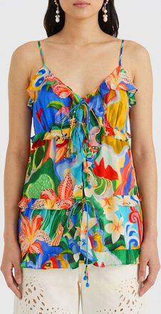 Farm Rio Top floreale ricamato con scollo a V, rouches e spalline sottili