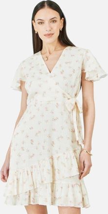 Yumi Rose Print Wrap Over Frill Dress in White at Nordstrom, Size 10