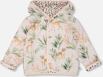 Deux par Deux Muslin and Organic Cotton Jersey Reversible Deer and Leopard Printed Hooded Jacket in Peach Deer Print at Nordstrom, Size 3M