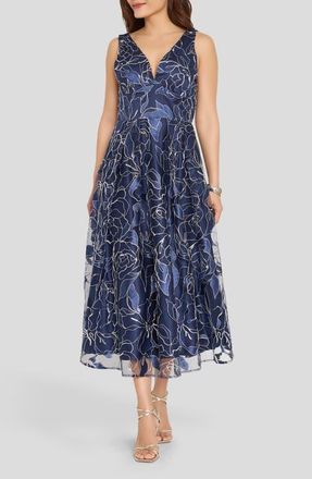 Tahari by ASL Metallic Soutache Sleeveless Midi Dress in Blue Willow/Silver at Nordstrom, Size 14