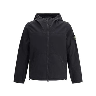 Stone Island Jassen, Heren, Zwart, M, Katoen, Katoenen jas met capuchon en rits