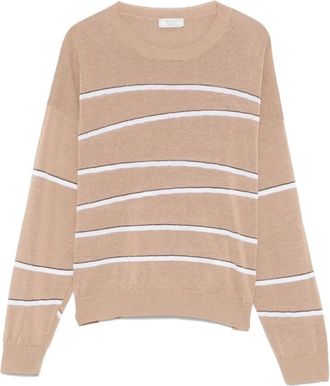PESERICO Bruine Gestreepte Trui met Ronde Hals - Dames - Ronde hals truien - Bruin - XL - Katoen - Truien & Vesten