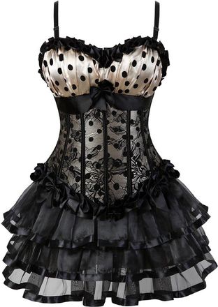 Grebrafan Gothic Polka DOTS Corset with Multi Layer lace Skirt (UK(16-18) 3XL, Beige)
