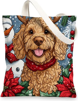 Generic Winter Christmas Golden Doodle Dog Canvas Tote Bag for Shopping 13x15, Snowman Xmas Puppy Pet Reusable Grocery Print Bag for Women Men, Holiday Aesthe