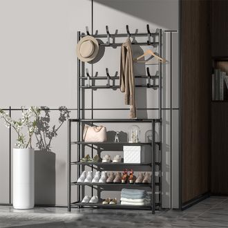 Infinite Freistehende Metallgarderobe, 80 Cm, 4 Ebenen, Schwarz, Mit Doppelhaken Und Schuhablage