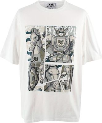 Herm&egrave;s White Mega Chariot Print Cotton T-Shirt Size XL