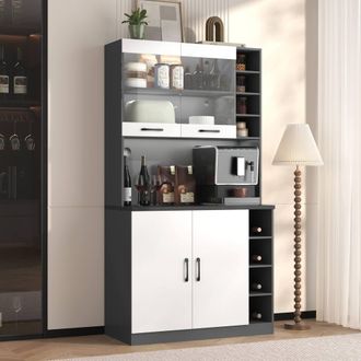 Merax Tall Kitchen Storage Cabinet Pantry with LED Open Shelves in White