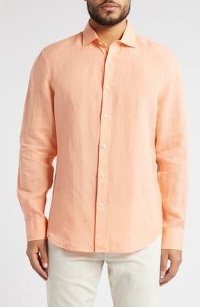 Bugatchi Axel Shaped Fit Linen Button-Up Shirt in Papaya at Nordstrom Rack, Size X-Large