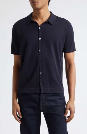 John Smedley Folke Knit Short Sleeve Cotton Button-Up Shirt in Navy at Nordstrom, Size Xx-Large