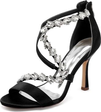 Generic Womens Wedding Bridal High Heel Sandals Satin Stiletto Crystal Formal Evening Prom Party Dress Shoes 9.5Cm,Black,10 UK