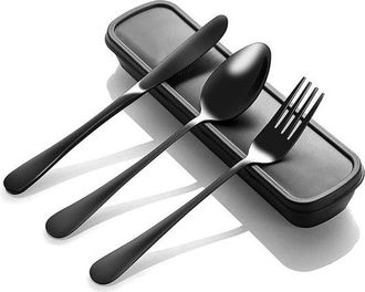 OEM Juego De Cubiertos Port&aacute;tiles Con Estuche, 4 Piezas De Cubiertos Reutilizables De Acero Inoxidable, Negro, Acampada, Picnic, Incluye Tenedor