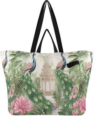 Generic Tropical Plants Peacock Beige pattern Reusable Canvas Tote Bag, Heavy Duty Grocery Shopping Bag with Large Capacity Double Handles Hard Bottom Work Gr