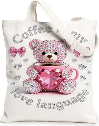 Generic Cute Bear Coffee Canvas Tote Bags, Sparkling Love Heart Pattern Reusable Grocery Bags, Lightweight Washable Shoulder Strap, White, 13x15 Inch