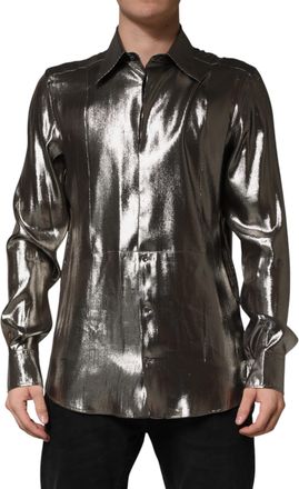 Dolce & Gabbana Silver Silk GOLD Collared Dress Formal Mens Shirt