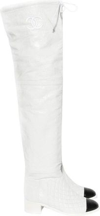 Chanel White Knee High Leather Boots Size 36.5