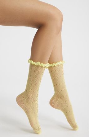 High Heel Jungle Mimi Satin Ruffle Lace Crew Socks in Yellow at Nordstrom
