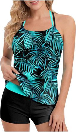 Generic 2 Piece Tankini Sets for Women UK Floral Print Swimming Costume Womens Adjustable Strap Sleeveless Halter Top with High-Waisted Shorts Ladies Sporty S