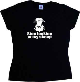 Tee Tree Designs Stop Looking at My Sheep Funny Black Ladies T-Shirt (White Print)-Size 18